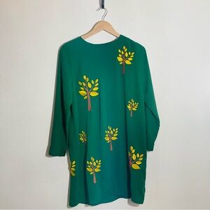 Pepaloves Green Dress Yellow Embroidered Tree Pattern Size Small